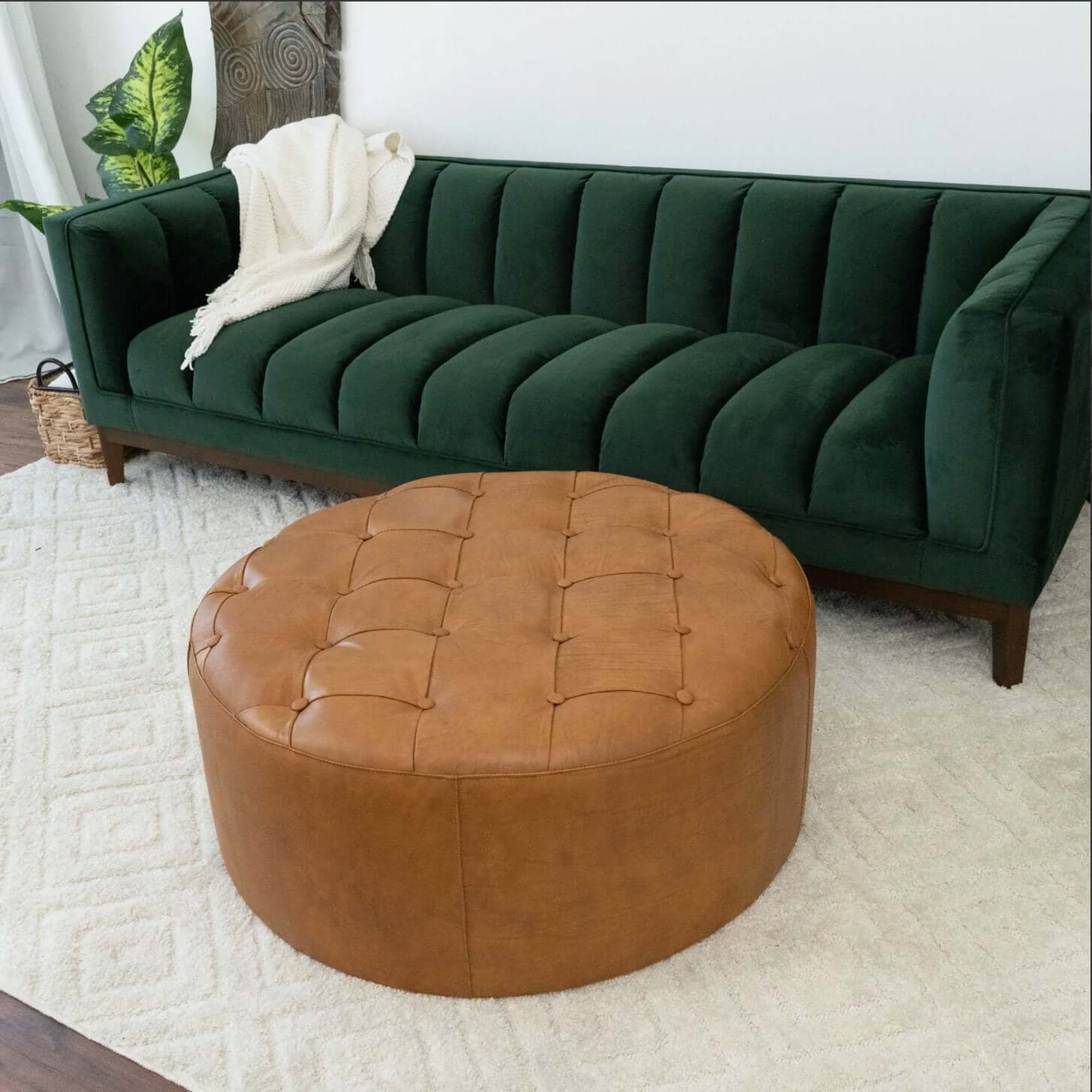 Seletar MCM Style Tufted Tan Leather Ottoman - Revel Sofa 