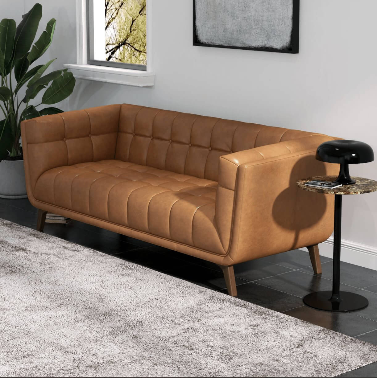 Addison MCM Styled Tufted Tan Leather Sofa Couch 84" in modern living room with solid wood legs and side table.