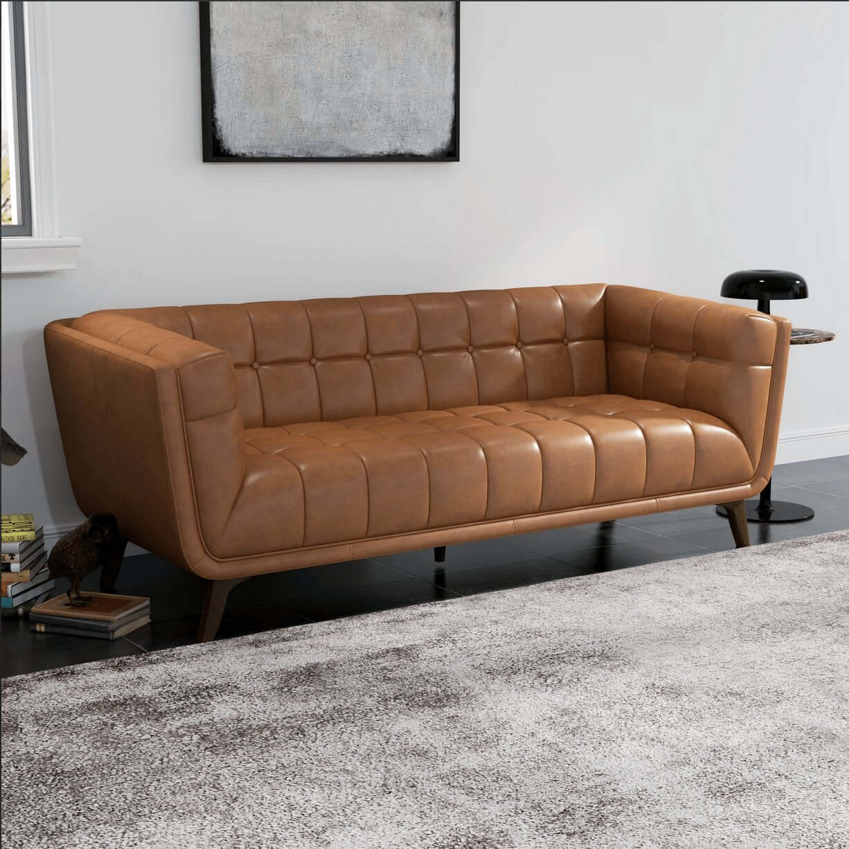 Addison MCM styled tufted tan leather sofa couch 84" with solid wood frame in modern living room.