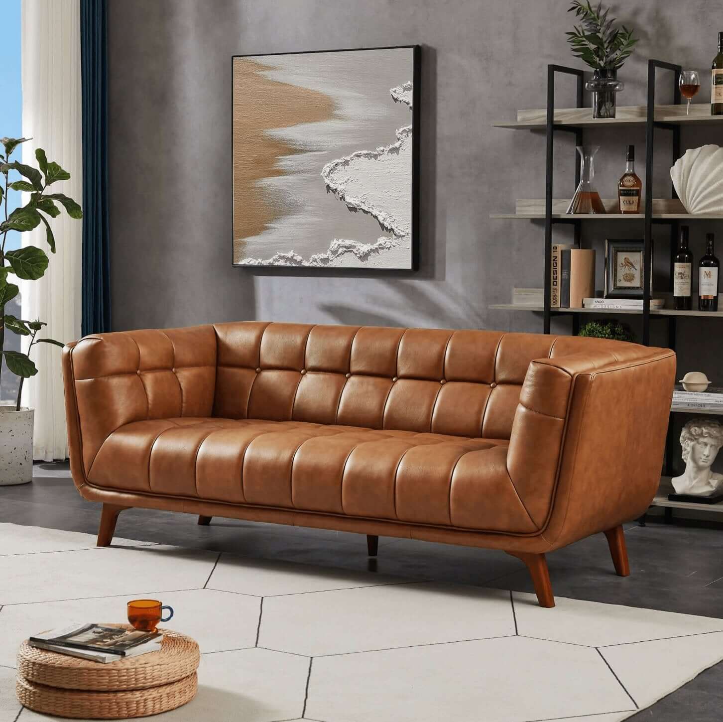Addison MCM Styled Tufted Tan Leather Sofa Couch 84” in modern living room setting with solid wood frame and legs for mid-century appeal