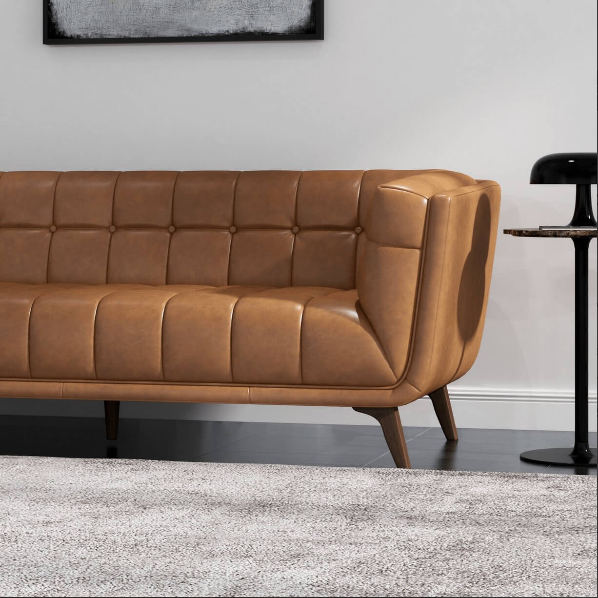 Addison MCM Styled Tufted Tan Leather Sofa Couch 84" with solid wood frame and legs in modern living room.