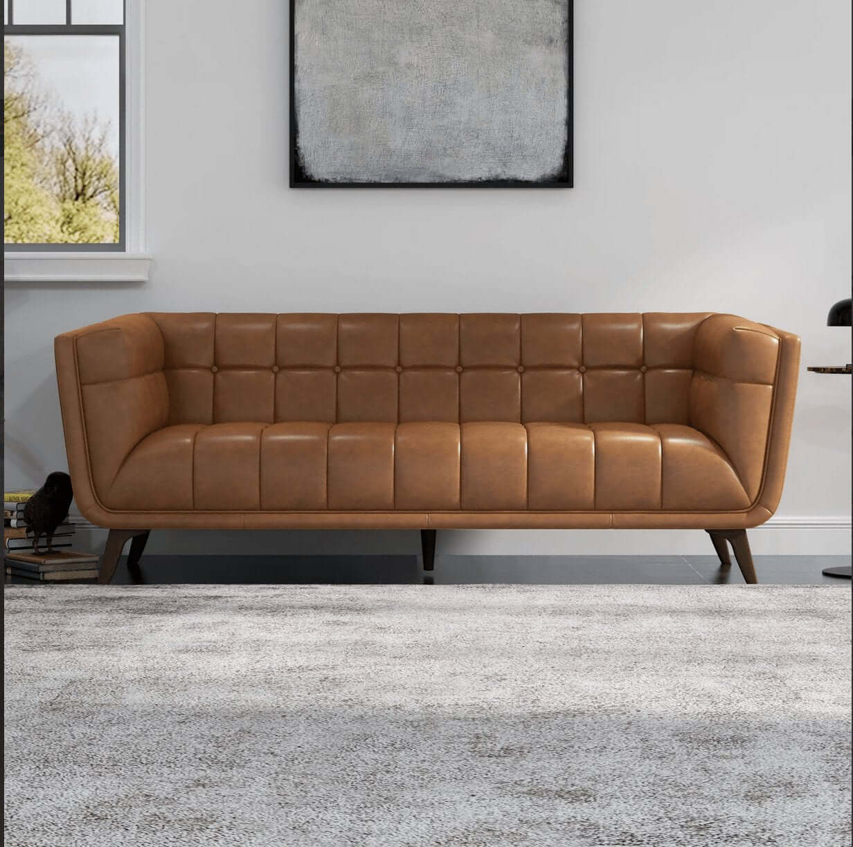 Addison MCM Styled Tufted Tan Leather Sofa Couch in a contemporary living room setting