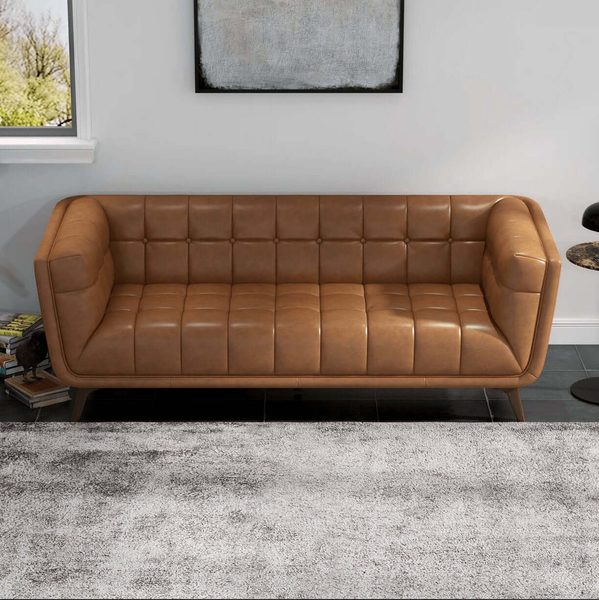 Addison MCM styled tufted tan leather sofa couch with solid wood frame in modern living room setting.